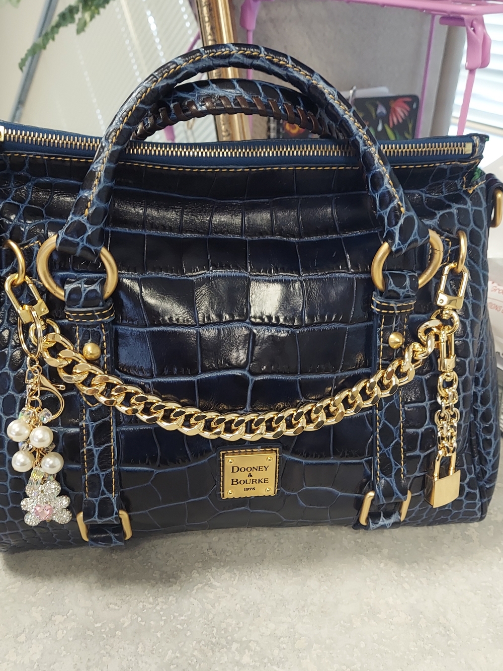Very Rare Dooney & Bourke Navy Croc-Embossed Satchel with Gold Hardware